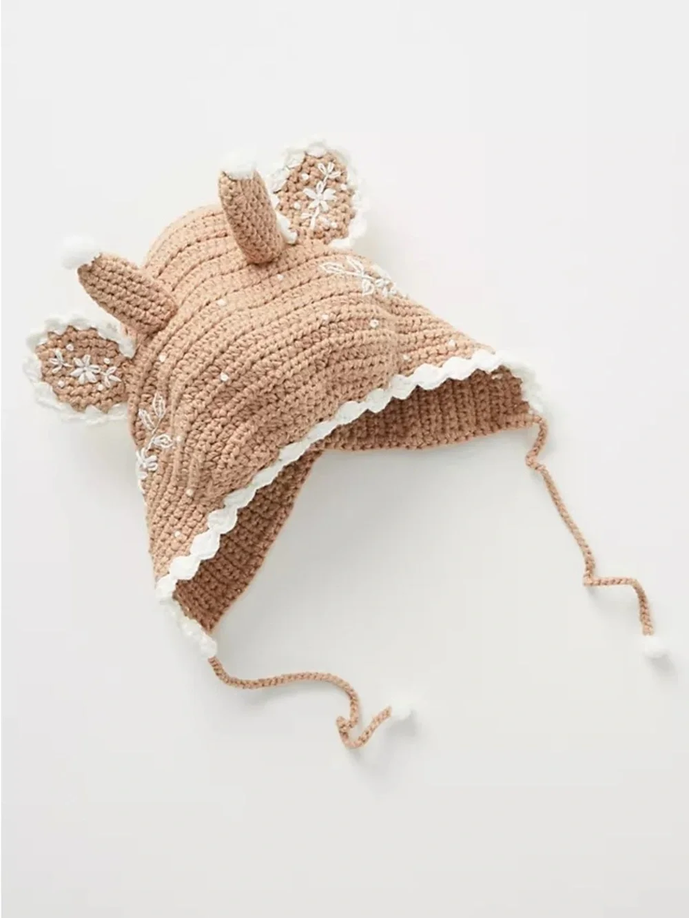 Anthropologie Crocheted Earflap Hat in Tan and White Trim